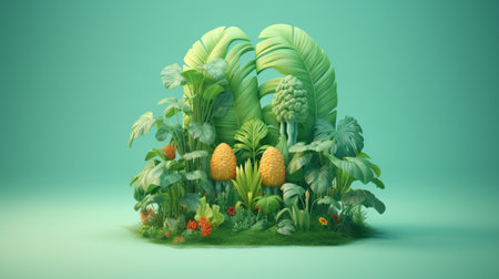 3d rendering of a green tropical jungle with pineapples and flowersの素材