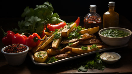 Baked potato wedges with herbs and spices on rustic wooden tableの素材