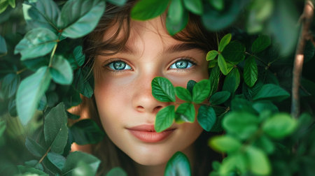 Close-up portrait of a beautiful young girl with green eyes.の素材