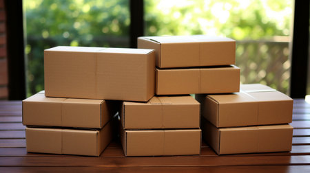 Pile of cardboard boxes on wooden table, closeup. Shipping serviceの素材