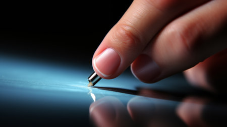 Closeup of a female hand writing with a pen on black backgroundの素材