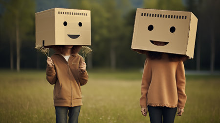 Conceptual image of a young couple with cardboard boxes on their headsの素材