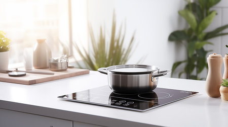 Cooking pot on induction stove in modern kitchen. Cooking process conceptの素材