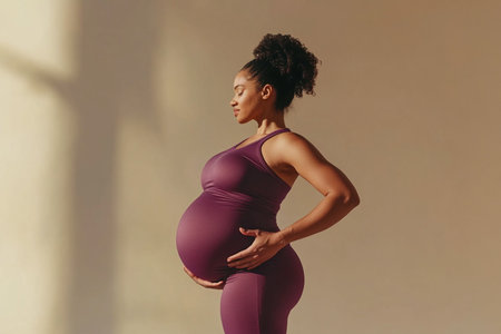 side view of pregnant african american woman in sportswear looking awayの素材