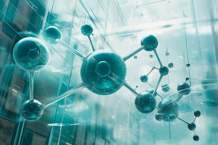 Molecular structure in modern office building. Science and technology backgroundの素材