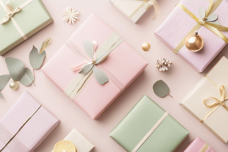 Gift boxes and eucalyptus branches on pastel pink backgroundの素材