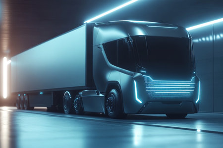 A modern semi-trailer truck in the dark. 3d renderingの素材