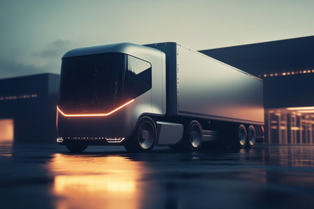 3d rendering of a modern truck on the road at night.の素材