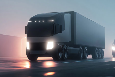 Truck on the road at sunset. 3D rendering image.の素材