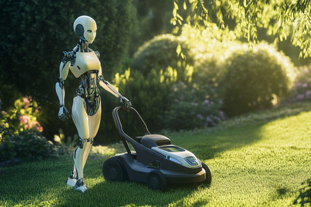 Robot mowing the lawn in the garden. Technology concept.の素材