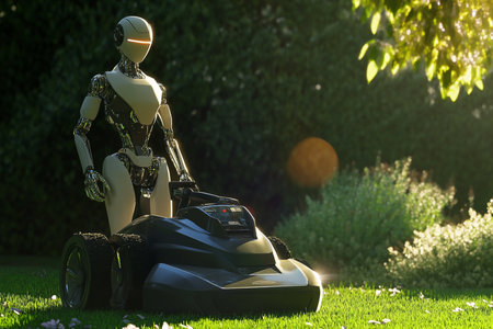 3d rendering of a robot with a lawnmower in the gardenの素材