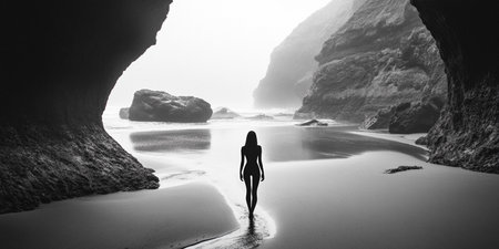 Black and white photo of a beautiful woman standing on the beach.の素材