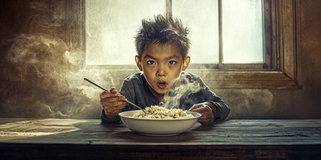 Asian boy eating a bowl of rice with chopsticks and smoke around himの素材