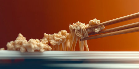 Chinese noodles with chopsticks, close-up, 3d renderingの素材