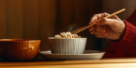 Asian woman eating japanese rice in a bowl with chopsticksの素材