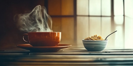 Cup of coffee and saucer with sausages on the tableの素材