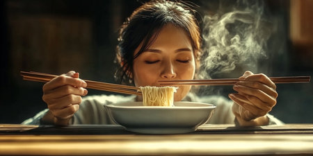 Asian woman eating ramen noodle with chopsticks in restaurant.の素材