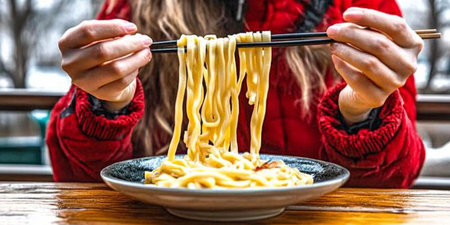 Woman in a red jacket eating noodles on a wooden table in a restaurantの素材