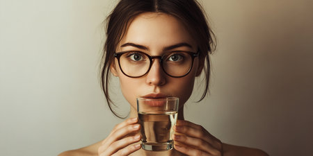 Beautiful young woman in glasses with a glass of water on a gray backgroundの素材