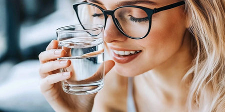 Cropped view of smiling young woman in eyeglasses drinking water at homeの素材