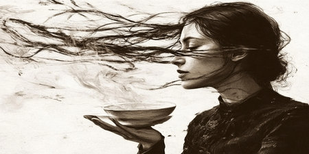 Beautiful woman with cup of coffee. Photo in old image style.の素材