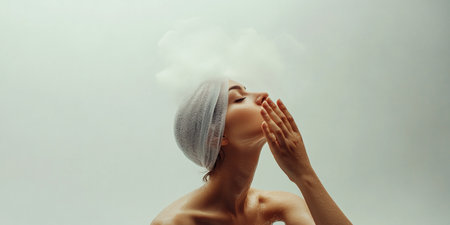 Beautiful young woman with closed eyes and white cloud on her head.の素材
