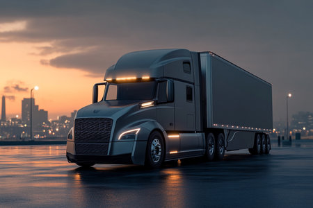 3D rendering of a semi-trailer truck on the road at sunsetの素材