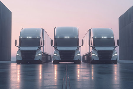 White trucks in a row on the road. 3d rendering.の素材