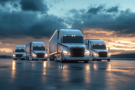 3D rendering of a group of white lorry trucks on the roadの素材