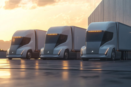 3d rendering of a row of white trucks on the parking lotの素材