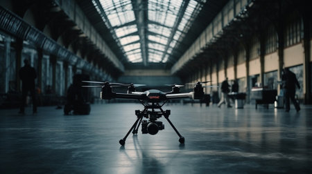 Drone with digital camera flying in the airport. Shallow depth of fieldの素材