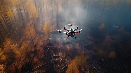 Drone flying in the autumn forest. 3d render illustration.の素材