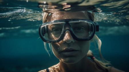 Portrait of woman in snorkeling mask looking at camera underwaterの素材