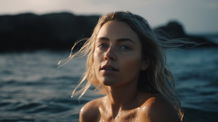 Beautiful girl in the sea at sunset. Portrait of a beautiful girl in the water.の素材