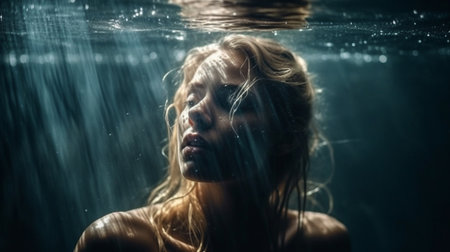 Portrait of a beautiful woman in the water. Studio shot.の素材