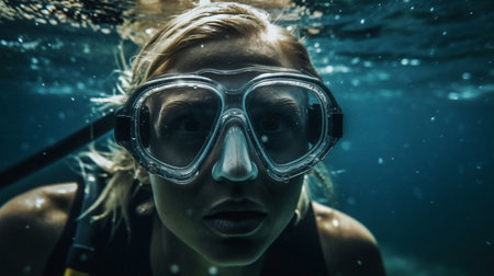 Portrait of young woman wearing snorkeling mask underwater in oceanの素材