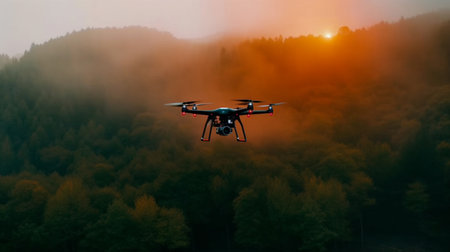 Drone flying over the forest at sunset. Drone flying in the sky.の素材