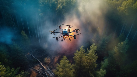 Drone flying in the air over the forest. 3d renderingの素材