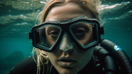 Close-up portrait of a beautiful young woman in a scuba mask underwater.の素材