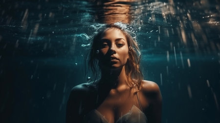 Beautiful girl under the water. Portrait of a beautiful woman under water.の素材
