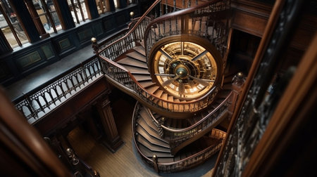 Spiral staircase in the interior of an old school library.の素材