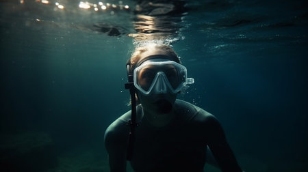 Underwater portrait of a young man with mask and snorkelの素材