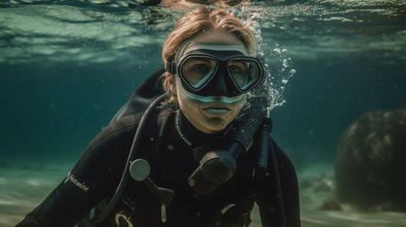 Portrait of a female scuba diver looking at camera underwater.の素材