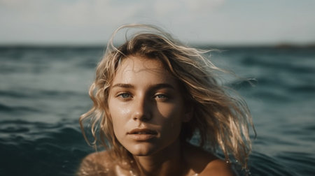 Close-up portrait of a beautiful girl with blonde hair in the seaの素材