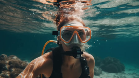 Underwater shot of young woman with scuba mask looking at cameraの素材