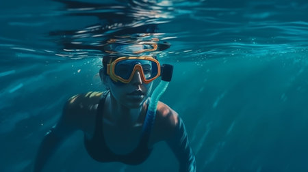 Young woman in snorkeling mask and goggles swimming underwater.の素材