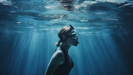 Young woman with mask and snorkel swimming underwater in deep blue seaの素材