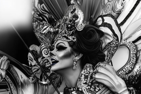 Beautiful woman with Venetian carnival mask in black and whiteの素材