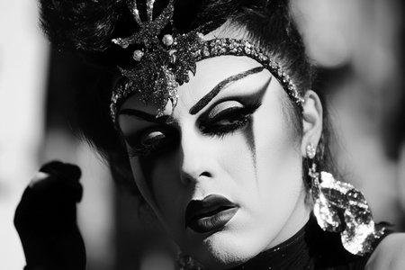 Portrait of a beautiful woman in carnival costume. Black and white photo.の素材