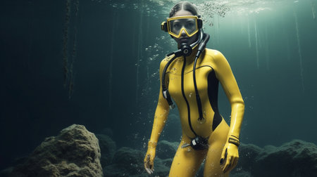 3d render of a female scuba diver standing in the deep waterの素材
